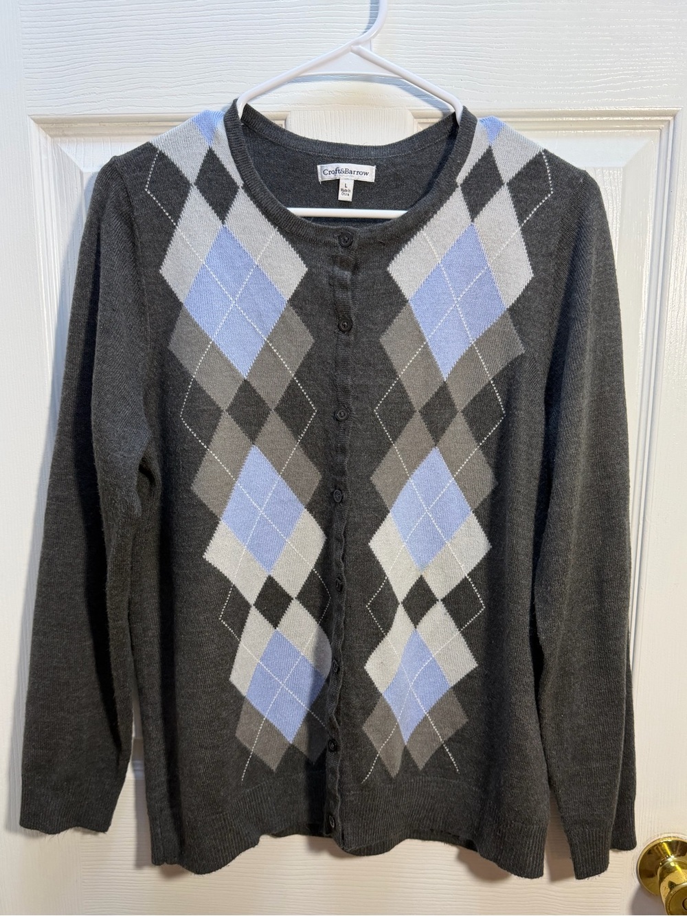Croft & Barrow Gray Argyle Button Cardigan with Light Blue Accents